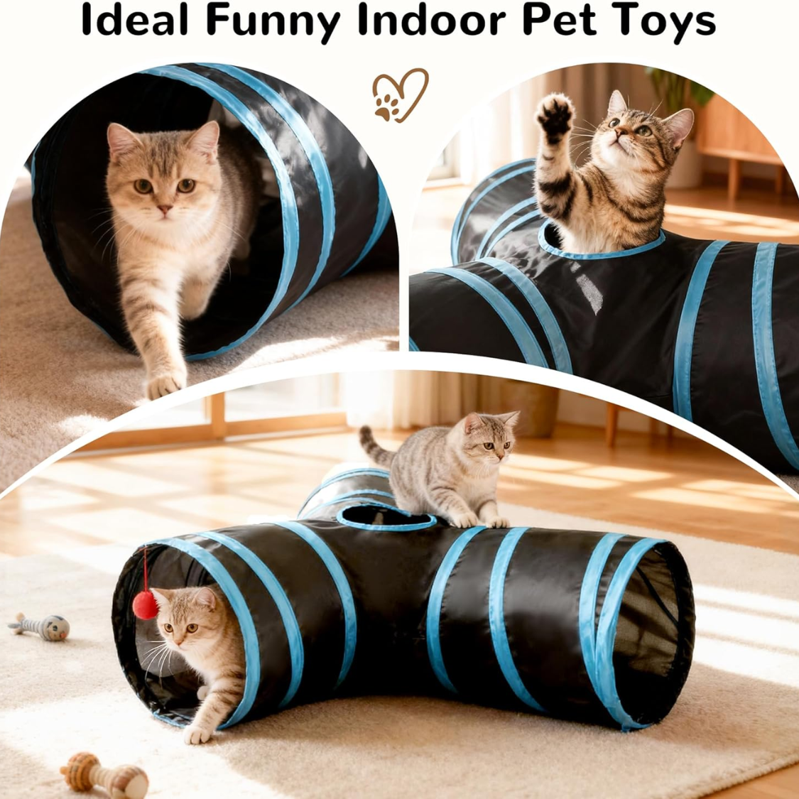 Pawmu Pet Cat Tunnel Tube Toys 3 Way Collapsible, Tunnels For Indoor