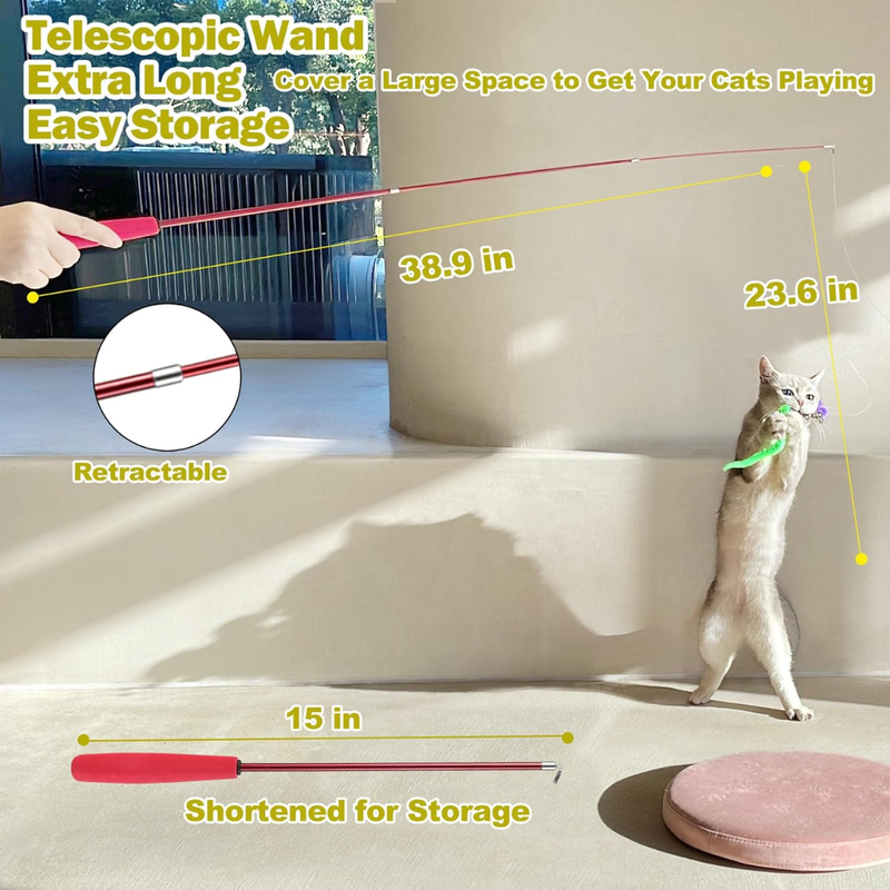 Pawmu Cat Toys For Indoor Cats, Interactive Toy 2pcs Retractable Wand