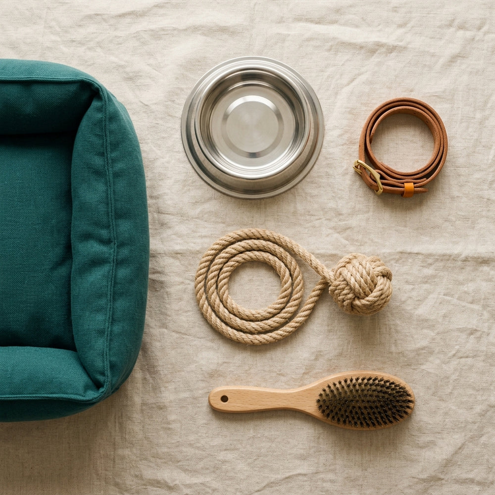 Pet bed, bowl, collar, rope toy and grooming brush laid out on warm linen