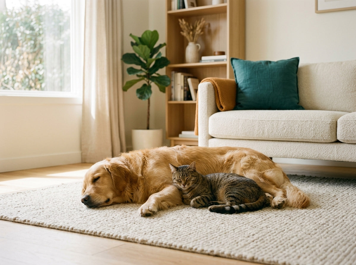 A golden retriever and a tabby cat resting together on a rug in a sunlit living room